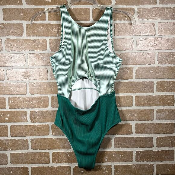 CUPSHE swim suit Green Striped one piece cut out size Large - Picture 1 of 10